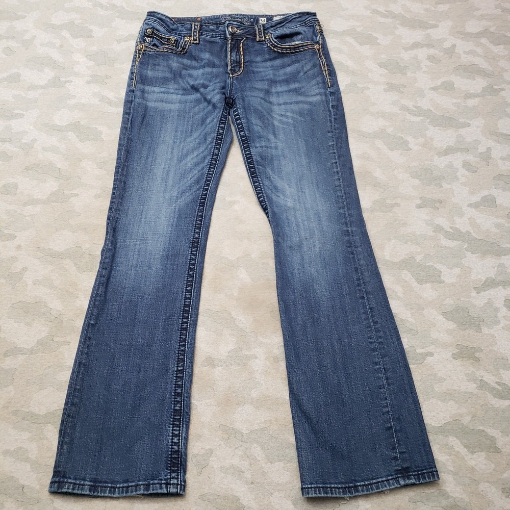 Miss Me Jeans Womens 33 Blue Pockets Boot Embellished  Denim Medium Wash